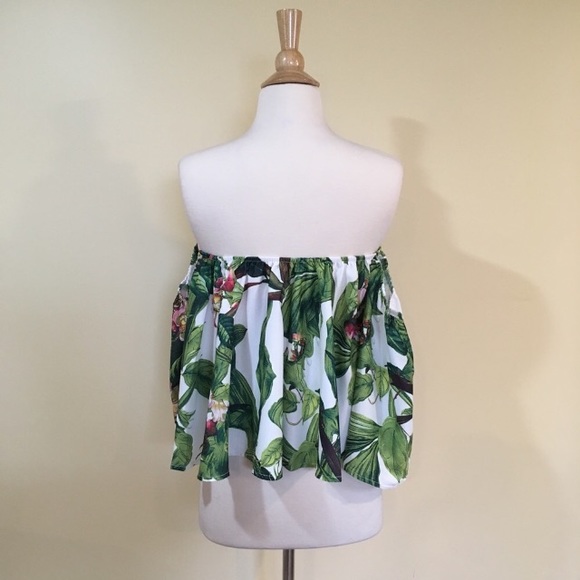 Off Shoulder Tropical Floral Leaf Bell Sleeve Top - Picture 3 of 4